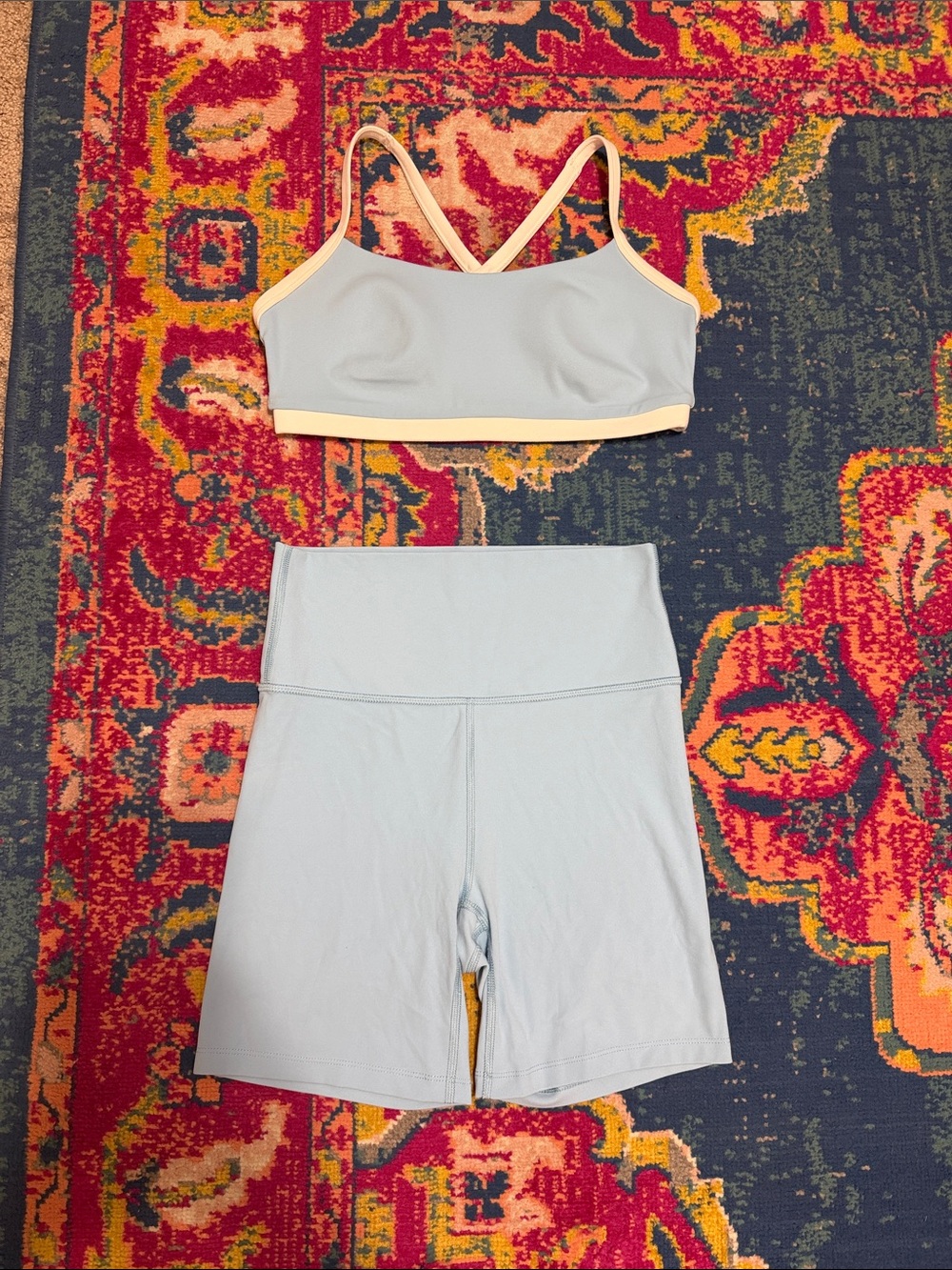 All in Motion Light Blue Women's Sports Bra 6” inseam High-Rise Bike Shorts Set